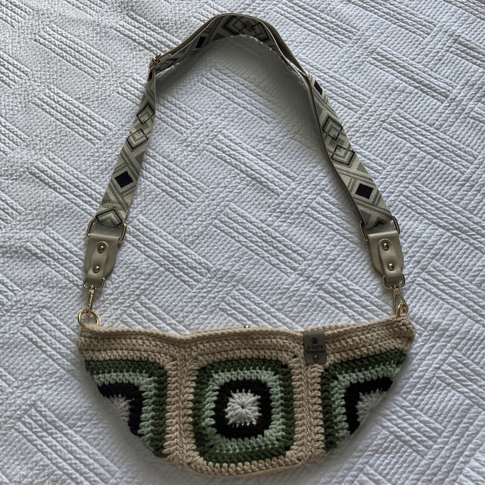 Handmade Crocheted Purse Tan Green Brown Adjustable Strap Gold Hardware